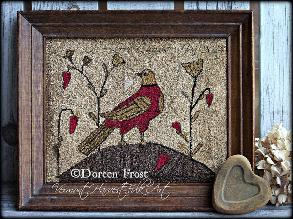 Love Grows Fraktur Bird ~  Primitive Punch Needle Embroidery Pattern